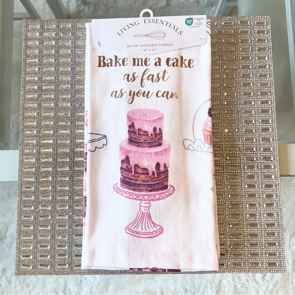 🎂 BAKE ME A CAKE AS FAST AS YOU CAN Pink Set of 2 Kitchen Towels NEW